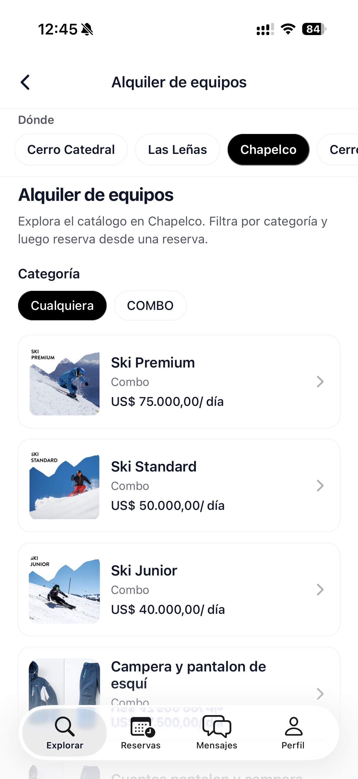 Pantalla de la app de SnowMatch para reservar alquiler de ski en Chapelco
